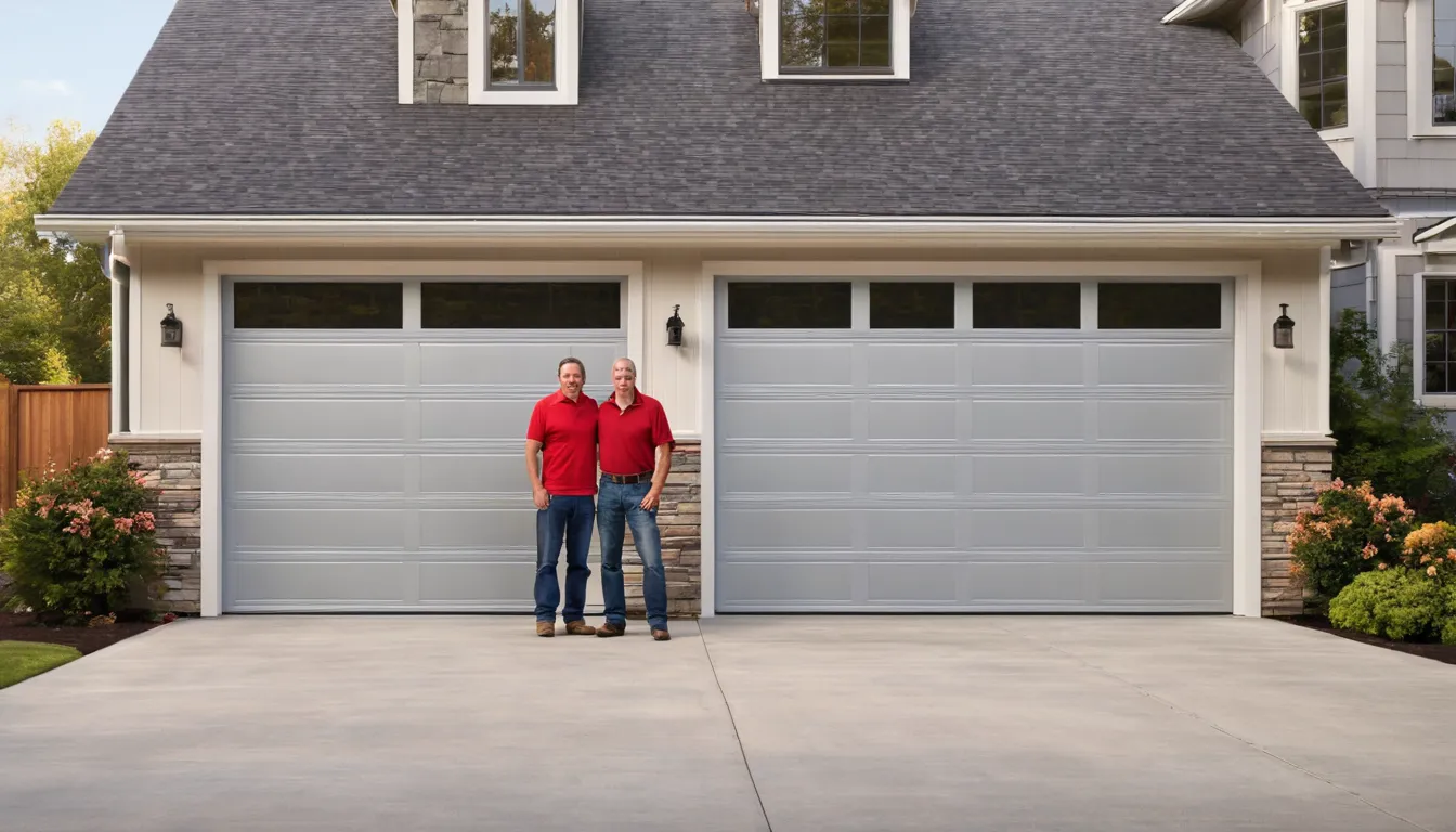 A newly installed garage door on a frame house in Naperville, with a homeowner checking it