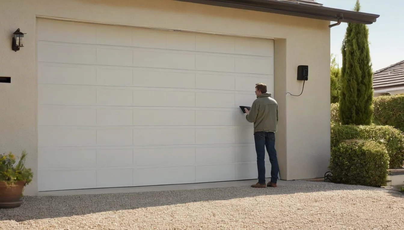 Close view of a garage door torsion spring above a residential door near Naperville, with a homeowner taking a photo from a safe distance